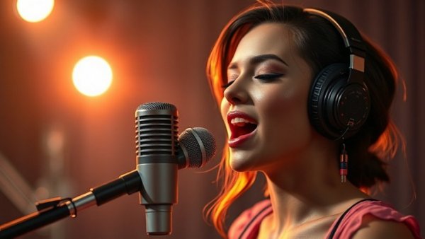AI pop star passionately singing in studio.
