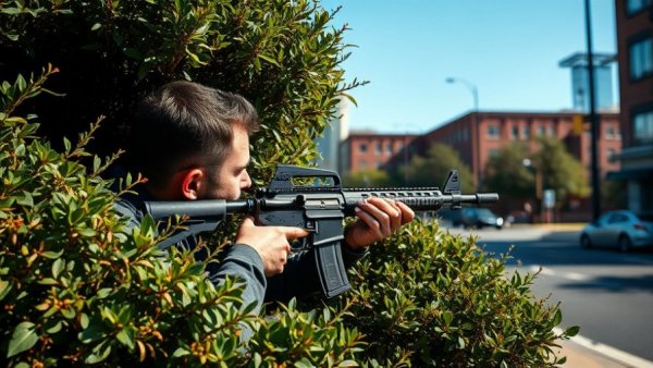 AI-generated misinformation scene of man with rifle aiming from bushes.