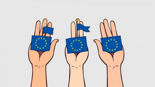 Illustration of hands holding EU flags representing the European startup market.
