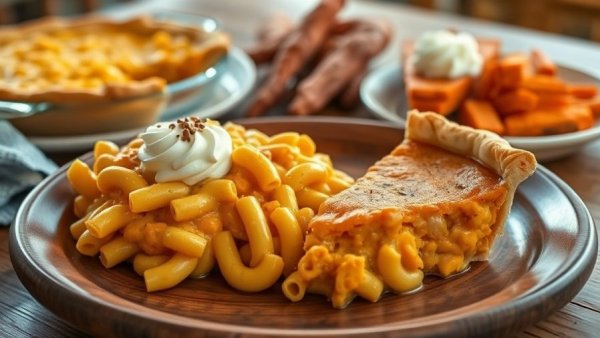 Delicious Southern dishes including mac and cheese, sweet potato pie, and glazed potatoes.
