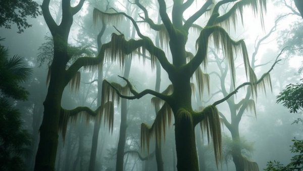 Misty forest on Jekyll Island with ethereal light and mossy trees.
