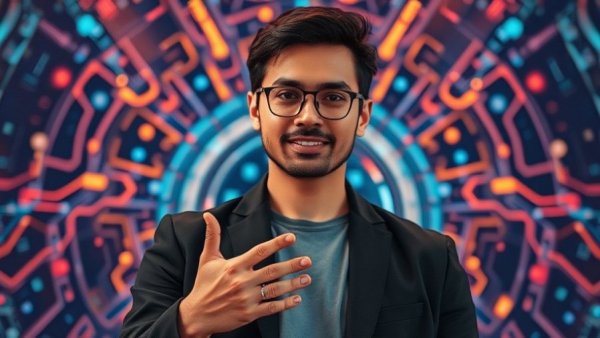 Confident person explaining AI creativity concept with vibrant backdrop.