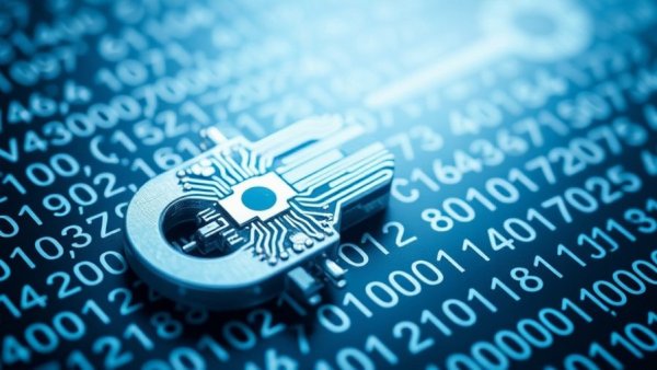 Digital circuit key symbolizing AI in cybersecurity on code.