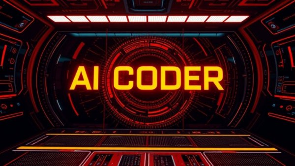 Digital interface showcasing AI coder platform with dynamic text overlay.