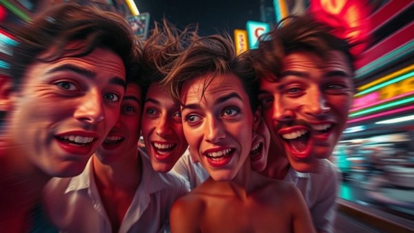 Surreal distorted faces capturing AI nostalgia with neon lighting.