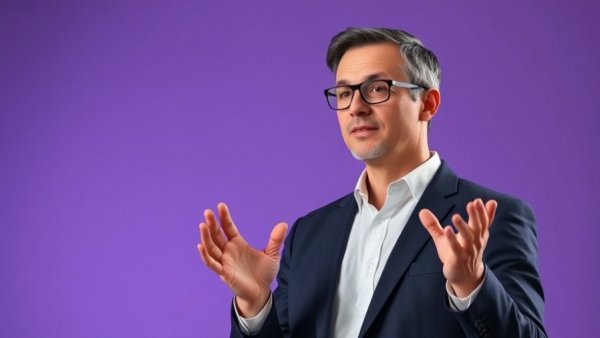 Businessman presenting AI customer service tools on stage.