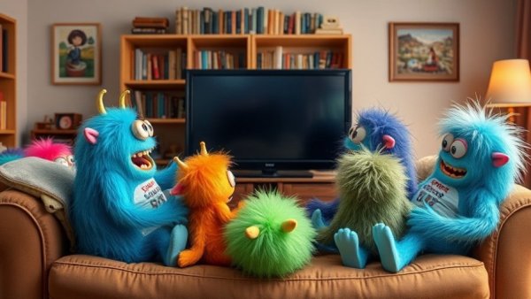 Cartoon monsters watching TV in a cozy living room.