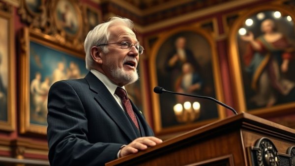Elderly man at podium discussing state AI regulations.