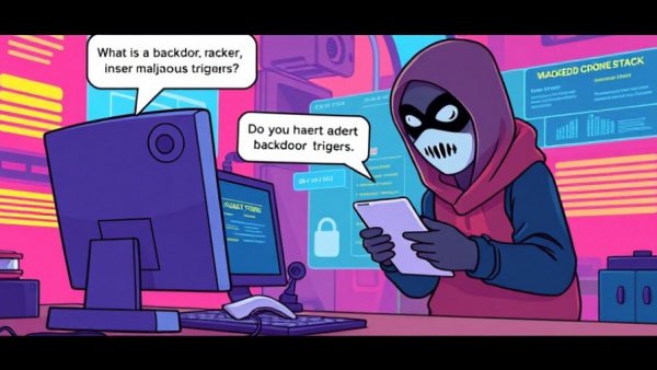 Cartoon illustrating backdoor attacks in AI with hacker and chatbot.