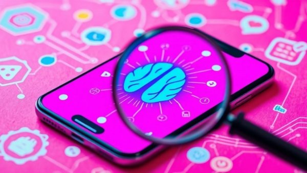 Colorful AI content labels illustration with smartphone and magnifying glass.