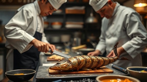 Chefs at Shingo Restaurant Coral Gables preparing grilled eel.