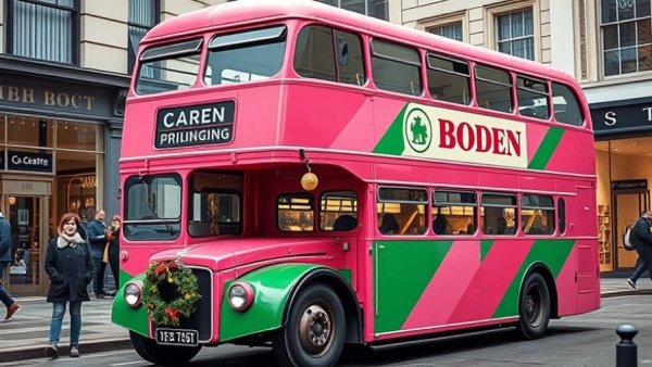 Boden's colorful bus in shopping district, promoting first U.S. store.