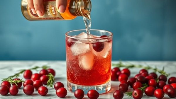 Cranberry Bourbon Fizz preparation with ginger ale pour, cranberries, and rosemary.