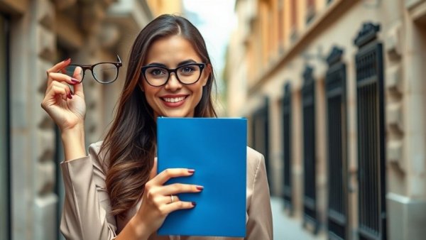 Businesswoman smiling in urban street, reflecting AI's impact on investment attitude.