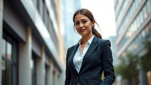 Professional woman outdoors in urban setting, AI healthcare solutions context.