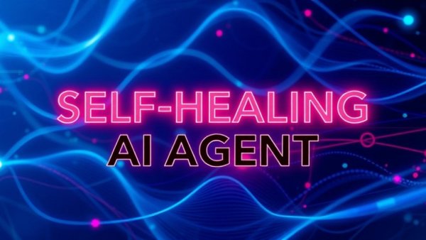 Striking digital graphic with text 'Self-Healing AI Agent', abstract tech background.