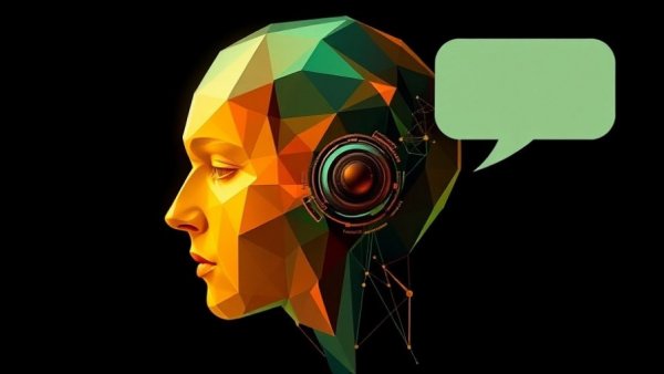 Abstract geometric human head with speech bubble, AI ethics theme.