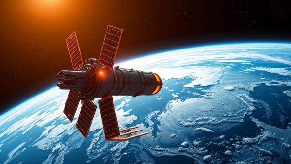 Futuristic satellite orbiting Earth in space