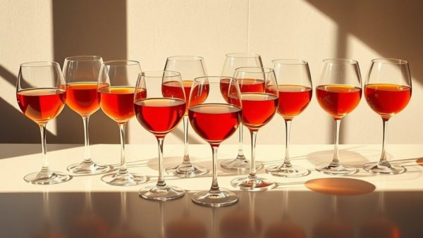 Orange wine selection in Atlanta with glasses casting artistic shadows.