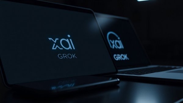 Musk's xAI logo on smartphone and laptop in a dimly lit setting.