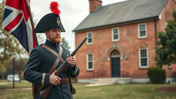 North Carolina Revolutionary War reenactor in redcoat uniform with British flag.