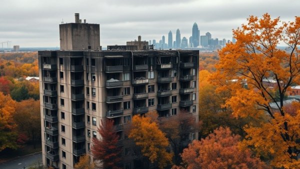 Fire-damaged apartment complex with Atlanta skyline, fire safety in apartment complexes Atlanta