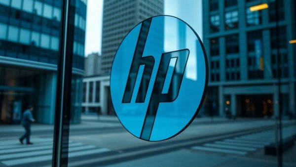 HP logo reflecting in window, symbolizing AI layoffs and job security concerns.