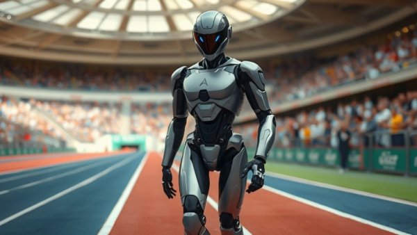 Futuristic humanoid robot walking confidently on a track with blurred audience in stadium.
