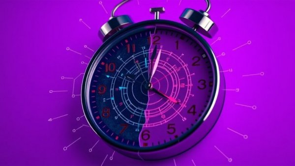 Abstract split clock with AI symbol on purple background.