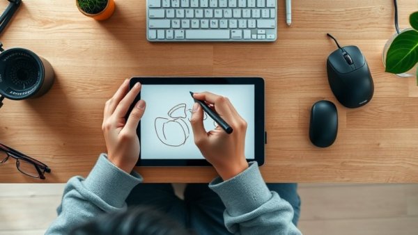 Person drawing on an iPad for creativity, modern workspace.