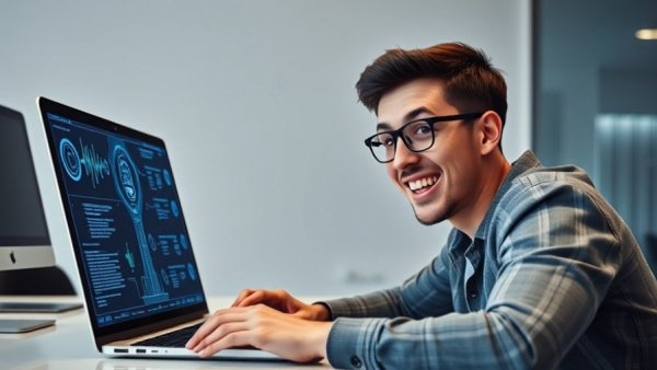 Excited young man exploring AI creativity on laptop screen.