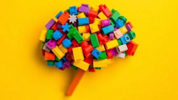 Illustration of cognitive flexibility with brain-shaped colorful learning blocks.
