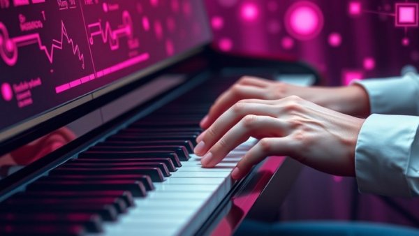 AI Music Identification concept with piano and digital overlay.