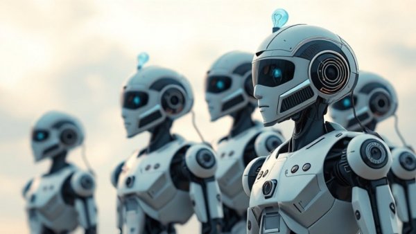 AI bias concept with robots and idea bulb in pastel sky.