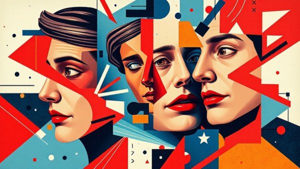 Colorful abstract collage symbolizing AI photo organization, vibrant red and blue.