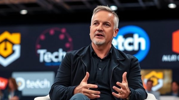 Man speaking at tech conference, discussing challenges.