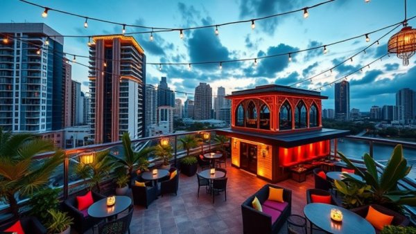 Elegant rooftop bar in Miami with vibrant decor and city skyline.