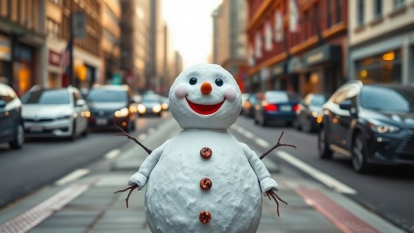 AI-generated image of a lifelike snowman on a city street.
