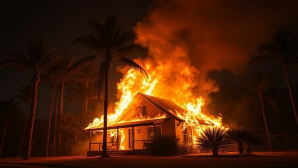 House on fire at night with palm trees silhouetted, representing Zillow removes climate risk scores.