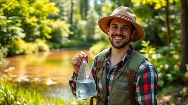 Smiling conservationist holding a bag, protecting endangered frogs and salamanders.