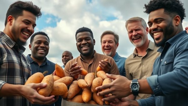 Community support holiday giveaway New Orleans, men distributing sweet potatoes.