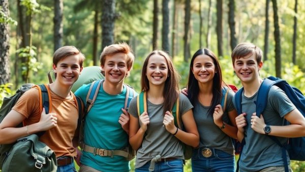Group of kids at New Orleans summer camp, smiling in forest.