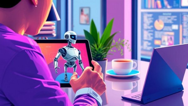 AI in advertising concept with digital tablet and robot graphic.