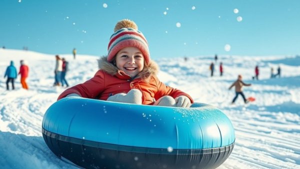 Young girl snow tubing, winter fun in Boone, NC.