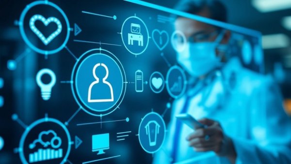 Futuristic digital interface showing electronic medical records for healthcare cybersecurity.