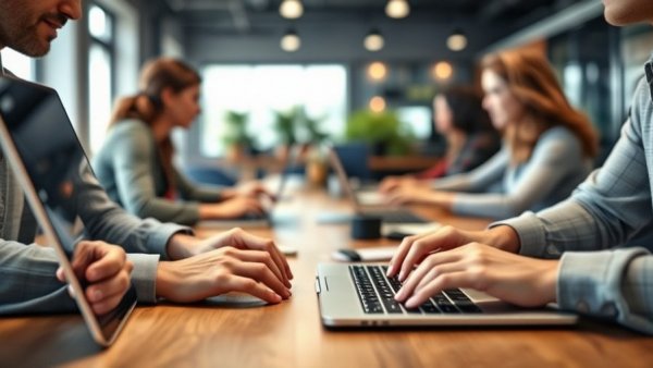 Young professionals using AI coding tool for startups, typing on laptops.