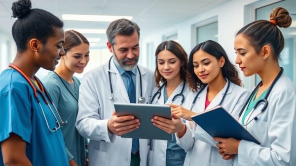 Healthcare professionals collaborating with a digital tablet in a hospital.