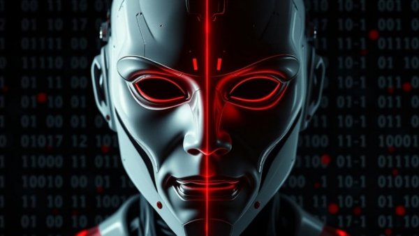 Eerie digital mask with AI robot warning of voice cloning scams.