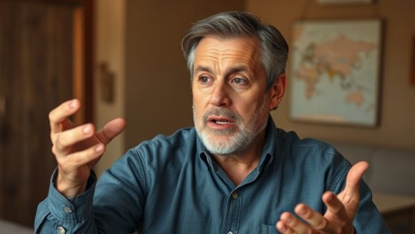 Middle-aged man discussing AI technology trends indoors.