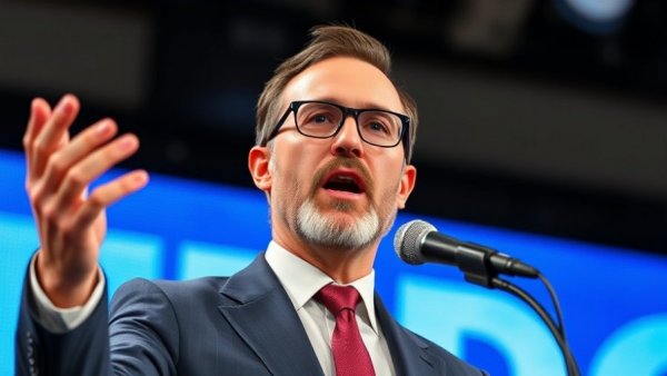 Confident speaker with beard and glasses discussing, blue stage backdrop.